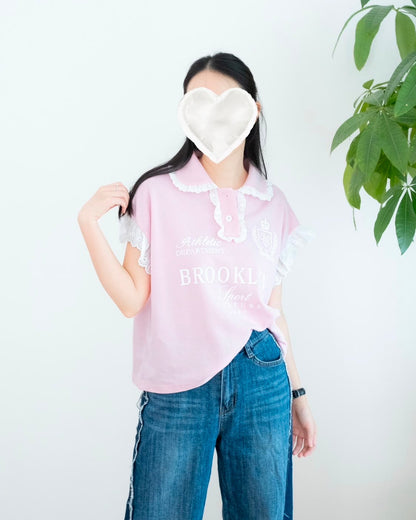 Lace手袖撞英文字母Polo