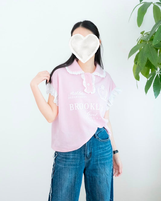 Lace手袖撞英文字母Polo