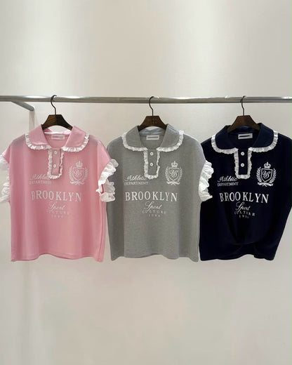 Lace手袖撞英文字母Polo