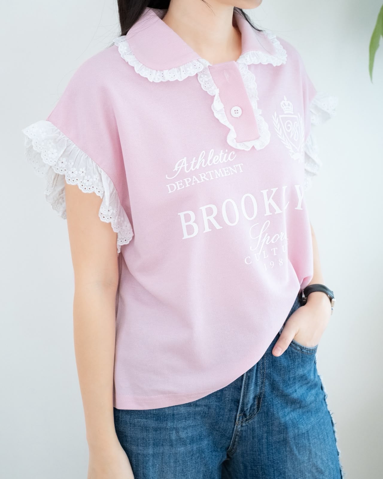 Lace手袖撞英文字母Polo