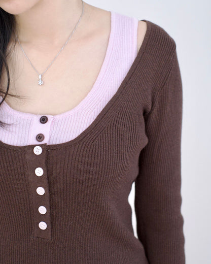 韓國併色假兩件Top