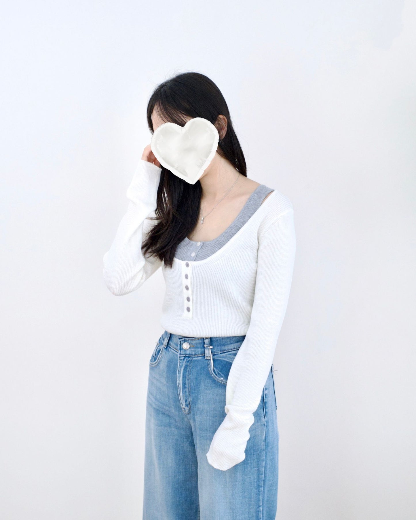 韓國併色假兩件Top