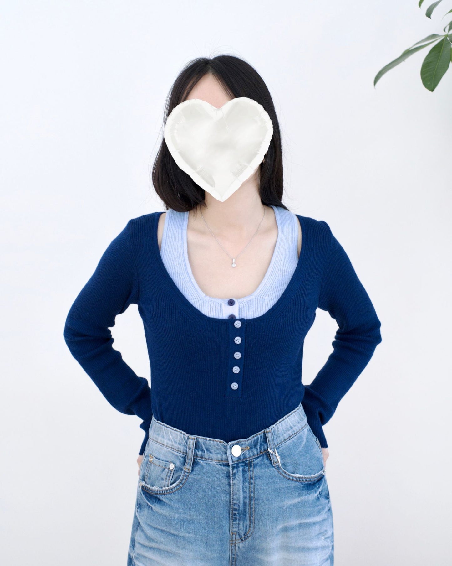 韓國併色假兩件Top