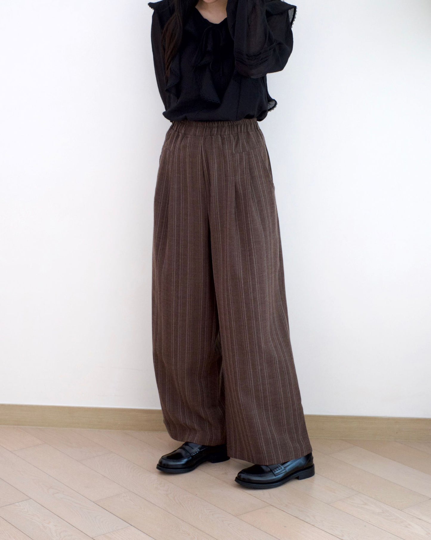 韓國條子闊筒扯布褲︎