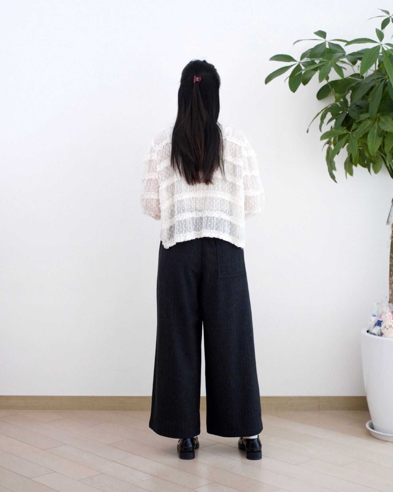 韓國絨毛條子闊筒扯布褲︎