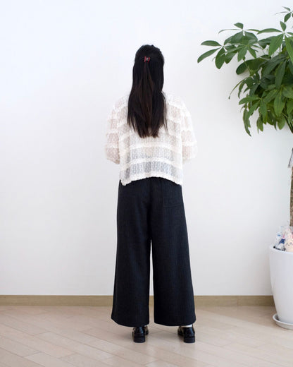 韓國絨毛條子闊筒扯布褲︎