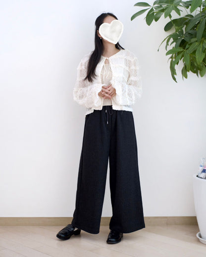 韓國絨毛條子闊筒扯布褲︎