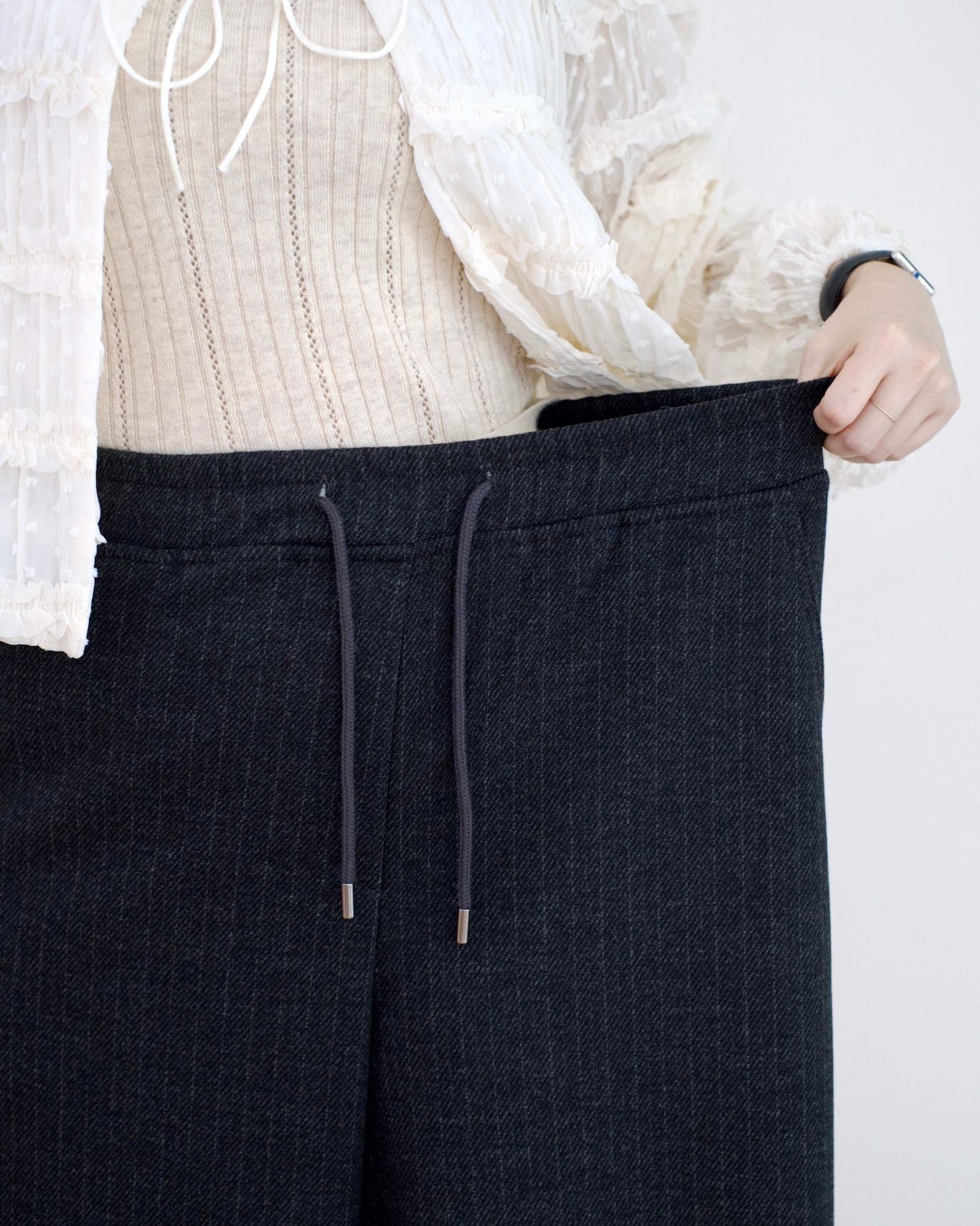 韓國絨毛條子闊筒扯布褲︎