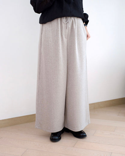 韓國絨毛條子闊筒扯布褲︎