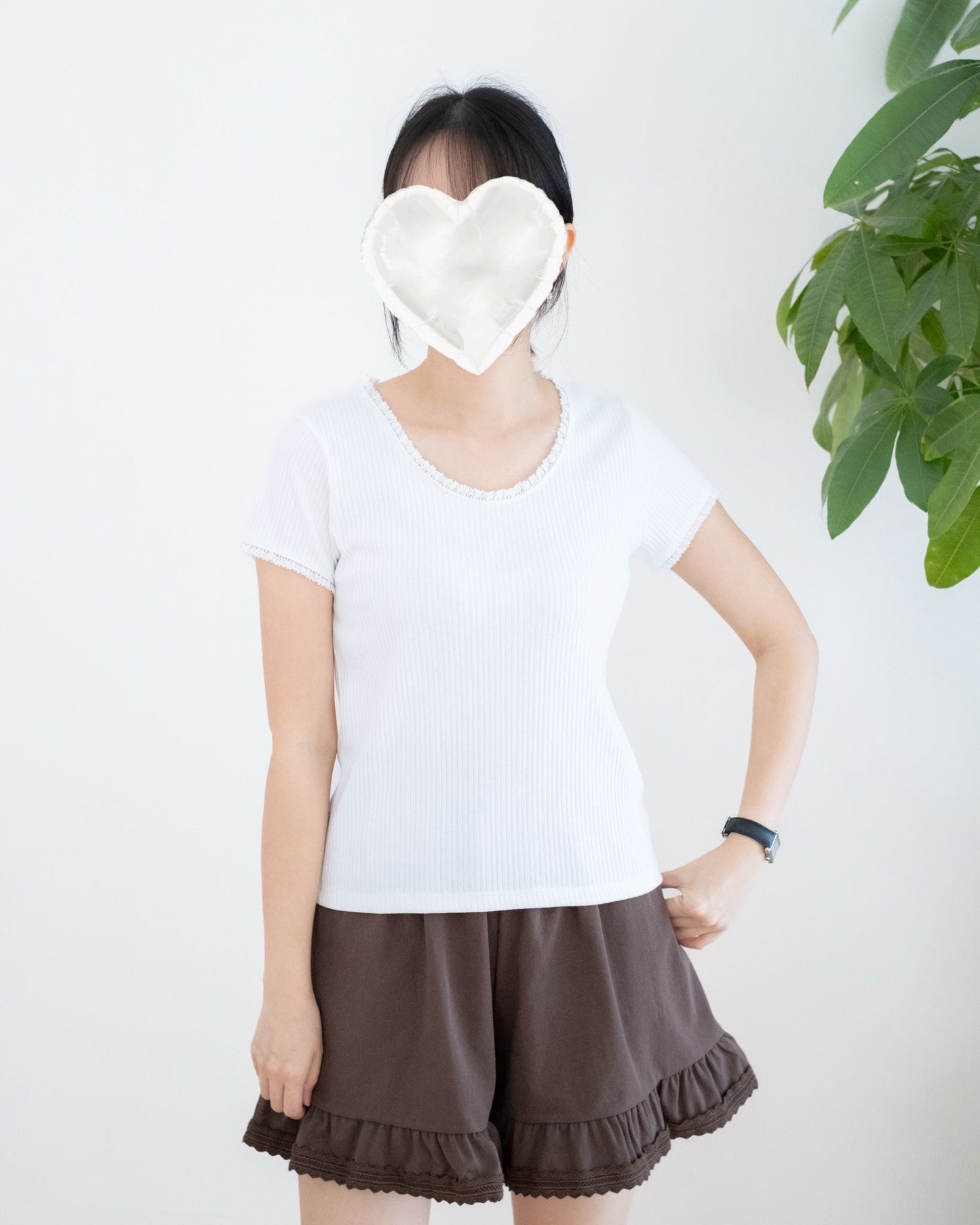 韓國坑紋撞Lace花邊Tee