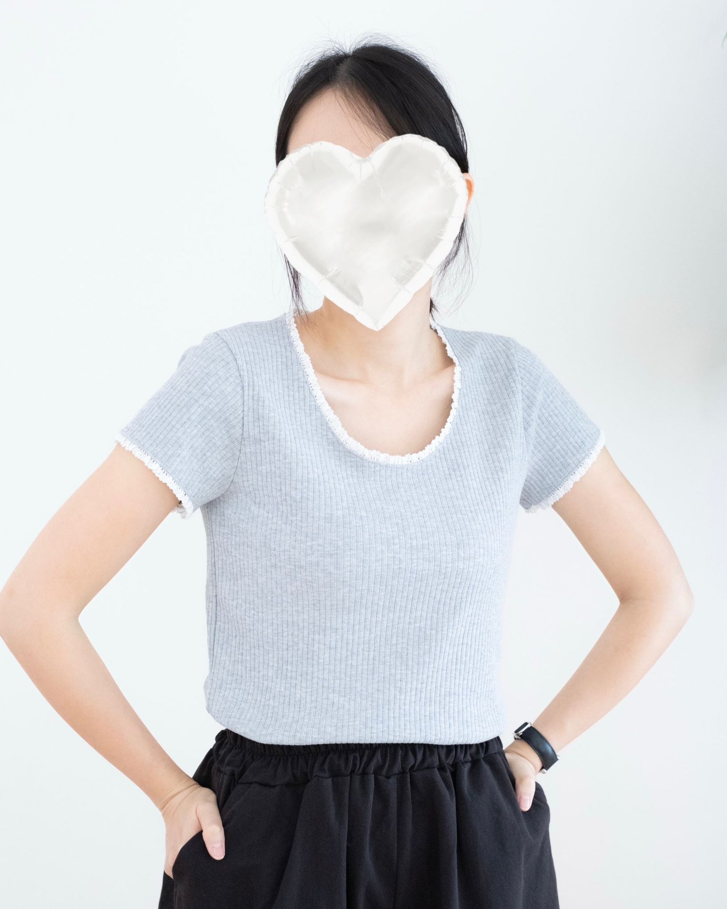 韓國坑紋撞Lace花邊Tee