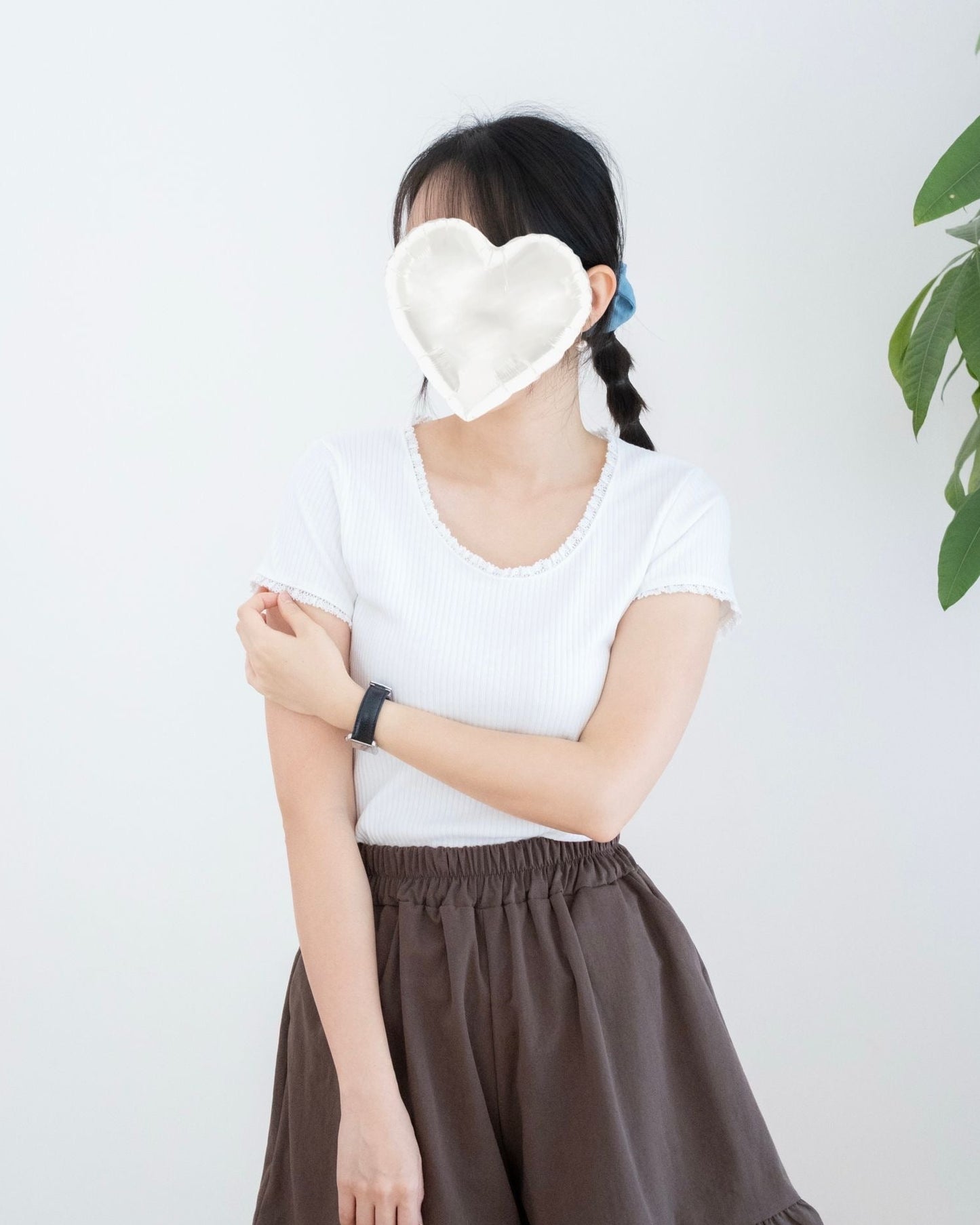 韓國坑紋撞Lace花邊Tee