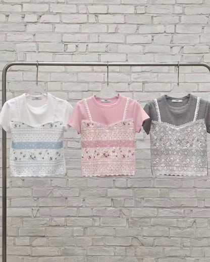 圓領拼Lace花吊帶Tee