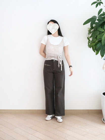 Eltoo 刺繡口袋直筒扯布褲