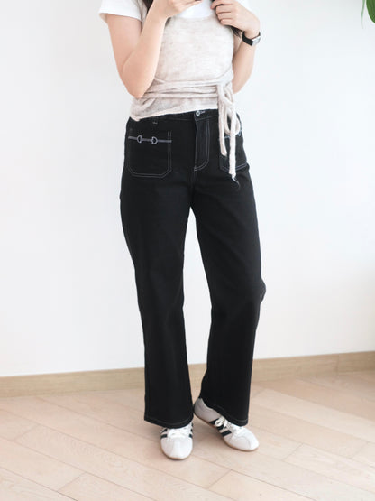 Eltoo 刺繡口袋直筒扯布褲
