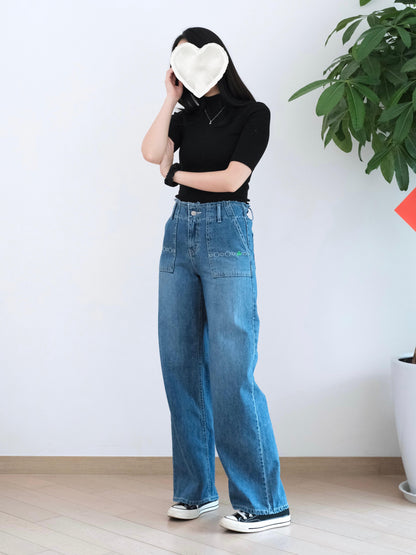 Gori 刺繡口袋闊筒牛仔褲