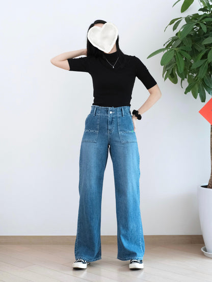 Gori 刺繡口袋闊筒牛仔褲