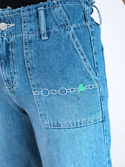 Gori 刺繡口袋闊筒牛仔褲