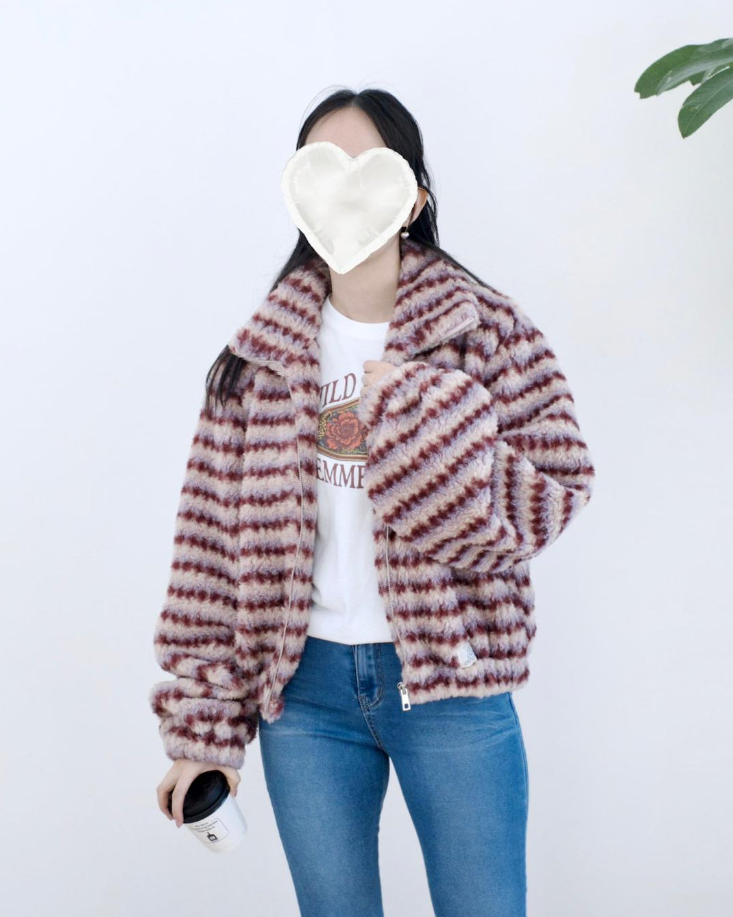 韓國毛毛條紋外套