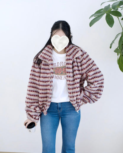 韓國毛毛條紋外套