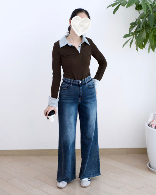 Howluk 撞色闊筒薄絨牛仔褲