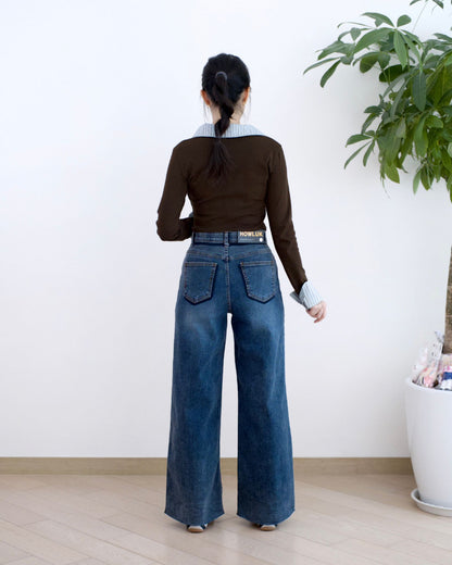 Howluk 撞色闊筒薄絨牛仔褲