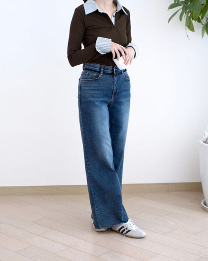 Howluk 撞色闊筒薄絨牛仔褲