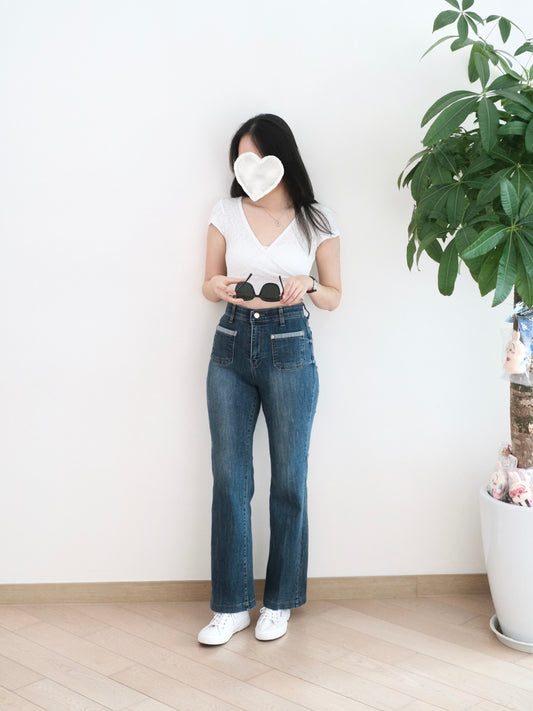 Howluk 拼色口袋微喇叭牛仔褲