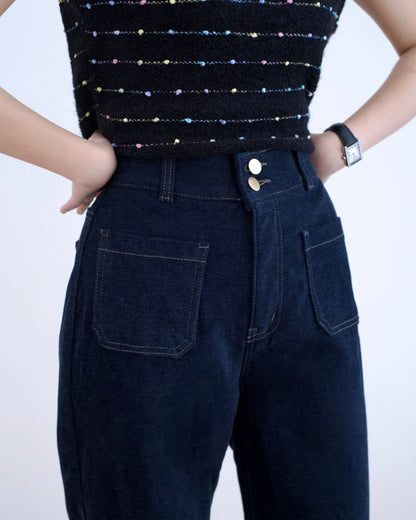 Howluk 口袋絨毛直筒牛仔褲