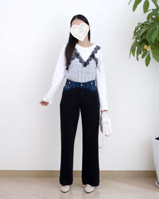 Howluk 拼絨毛闊筒牛仔褲