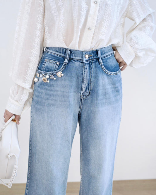 Howluk 釘飾洗水直筒牛仔褲