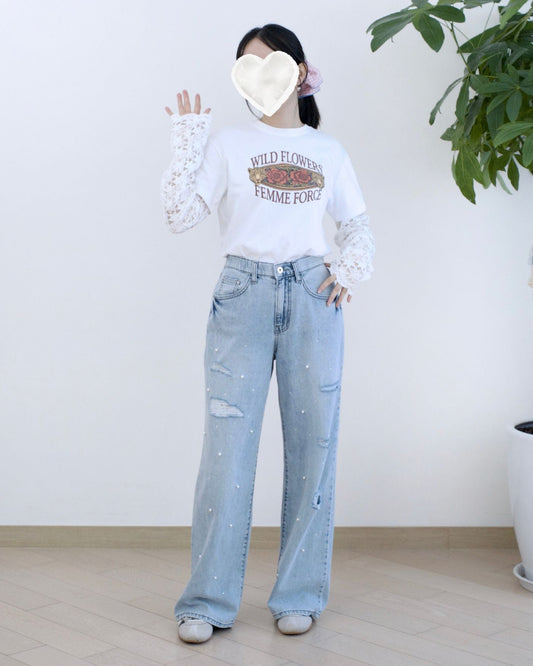 Howluk Lace釘珠閃石牛仔褲