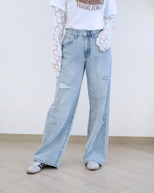 Howluk Lace釘珠閃石牛仔褲