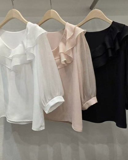 韓國Ruffle雪紡襯衫