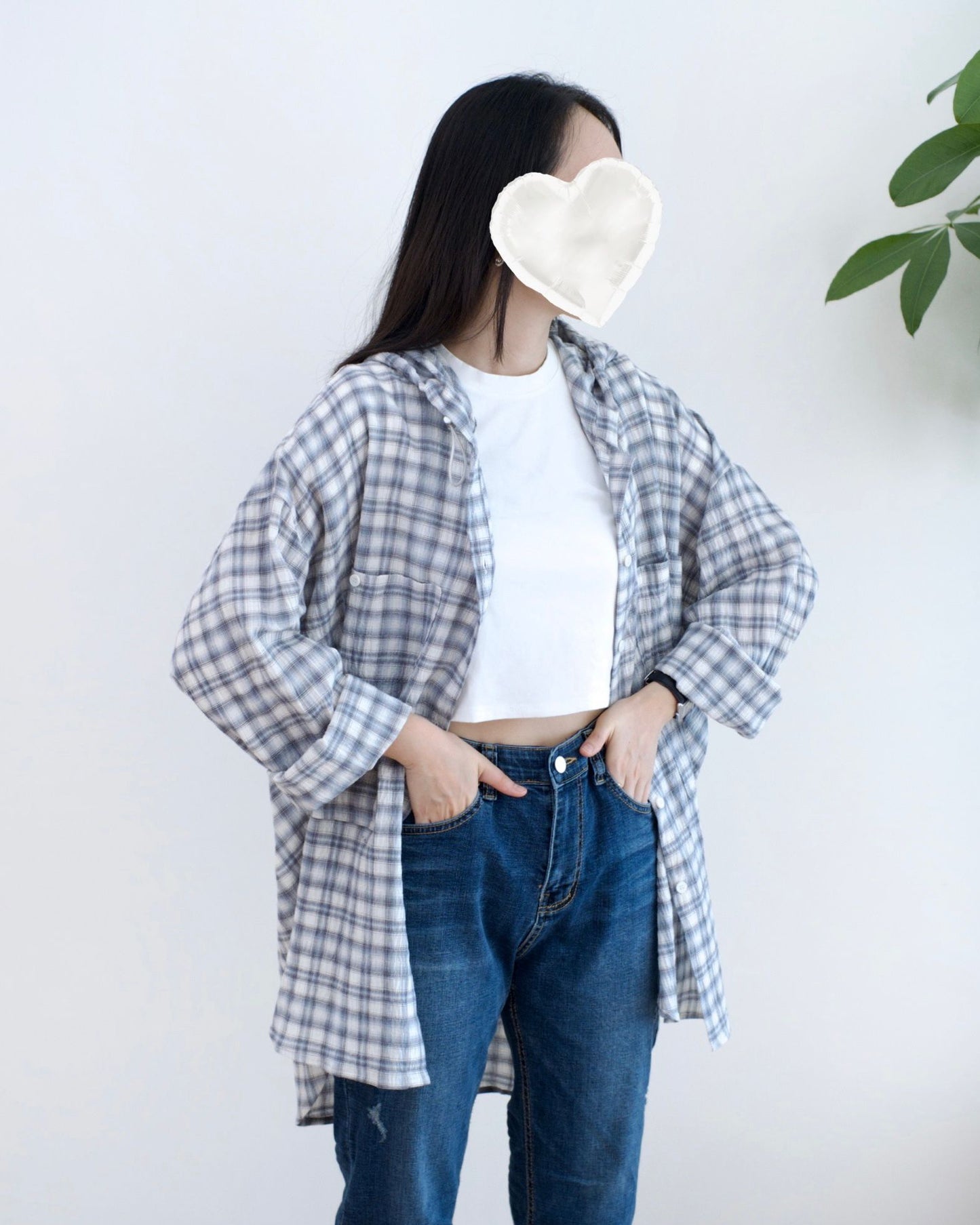 韓國長袖格仔裇衫