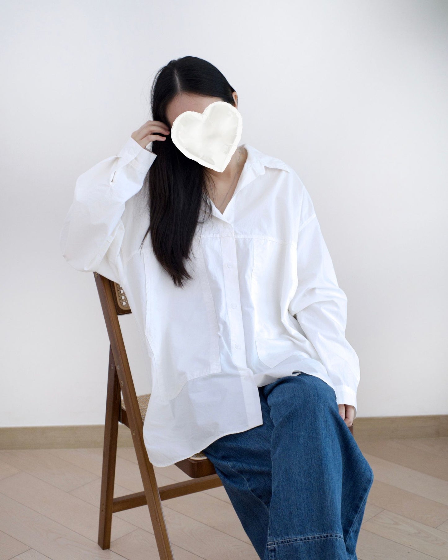 韓國大口袋長袖白裇衫