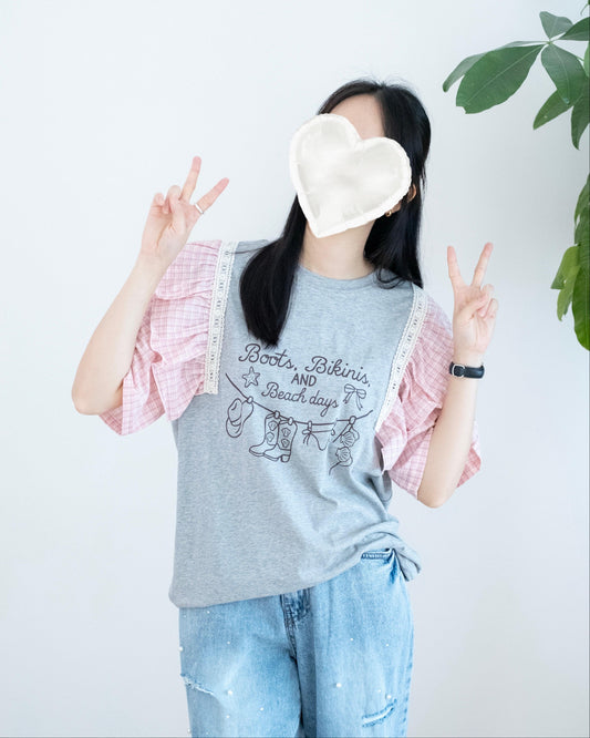 韓國格仔荷葉手袖Tee