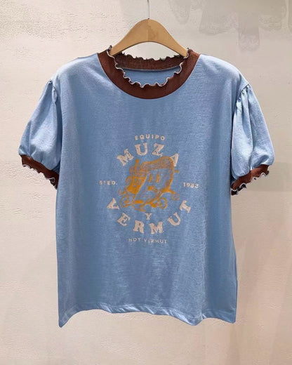 韓國撞色波浪邊Pizza Tee