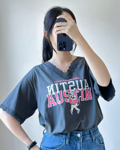 韓國lace併英文字Tee