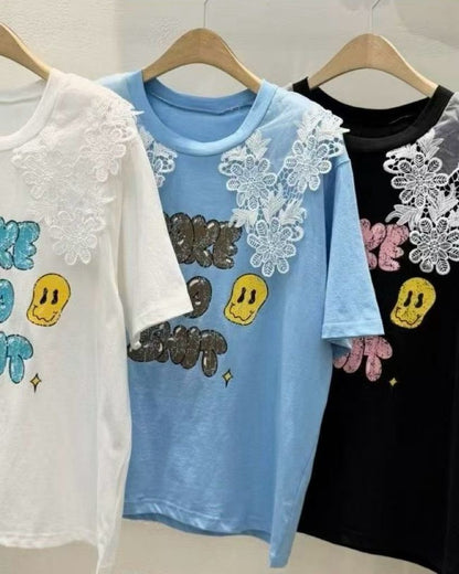 韓國花花Lace英文字Tee