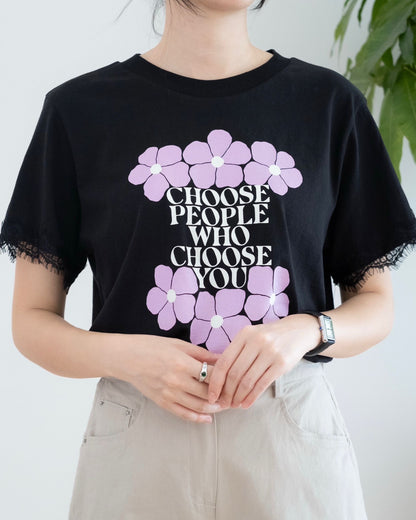 韓國Lace併英文字圖案Tee