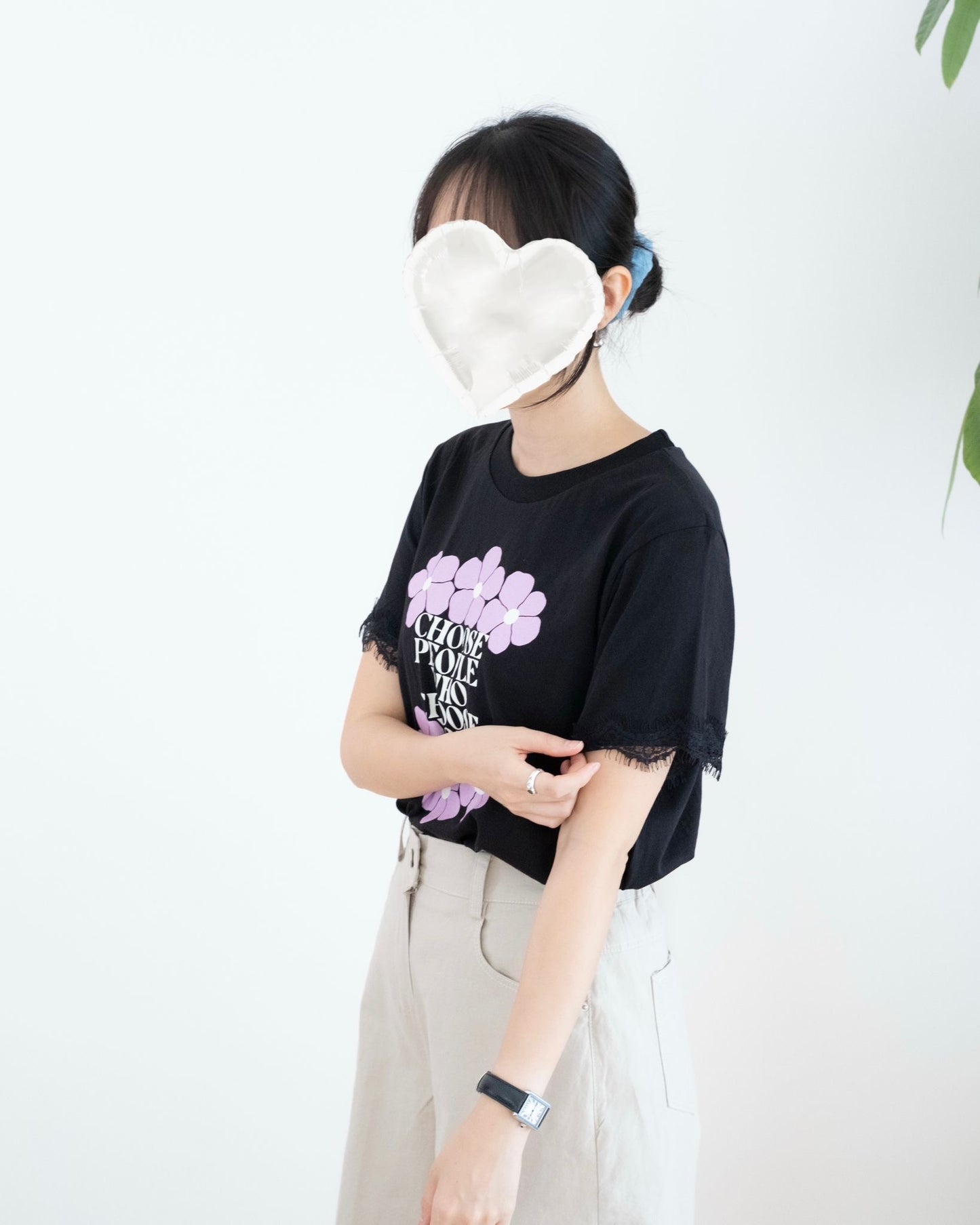 韓國Lace併英文字圖案Tee