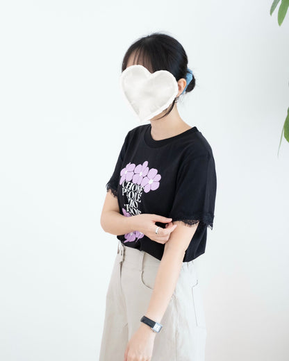 韓國Lace併英文字圖案Tee