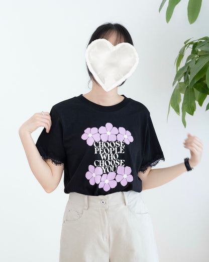 韓國Lace併英文字圖案Tee