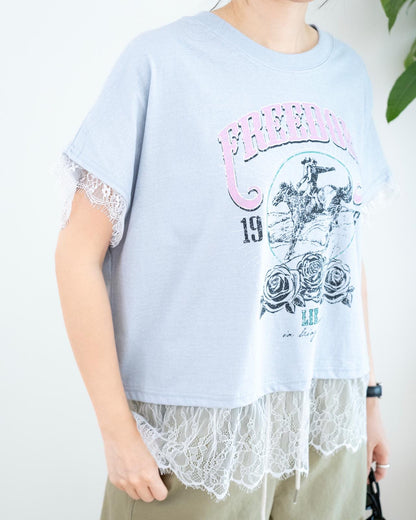 韓國Lace拼復古洗水圖案Tee
