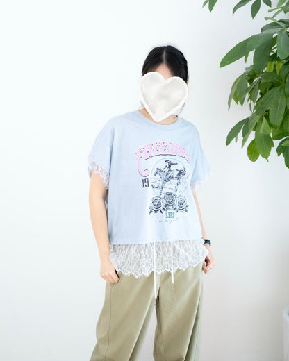韓國Lace拼復古洗水圖案Tee