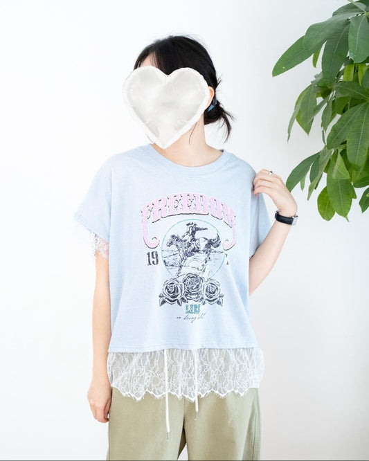 韓國Lace拼復古洗水圖案Tee