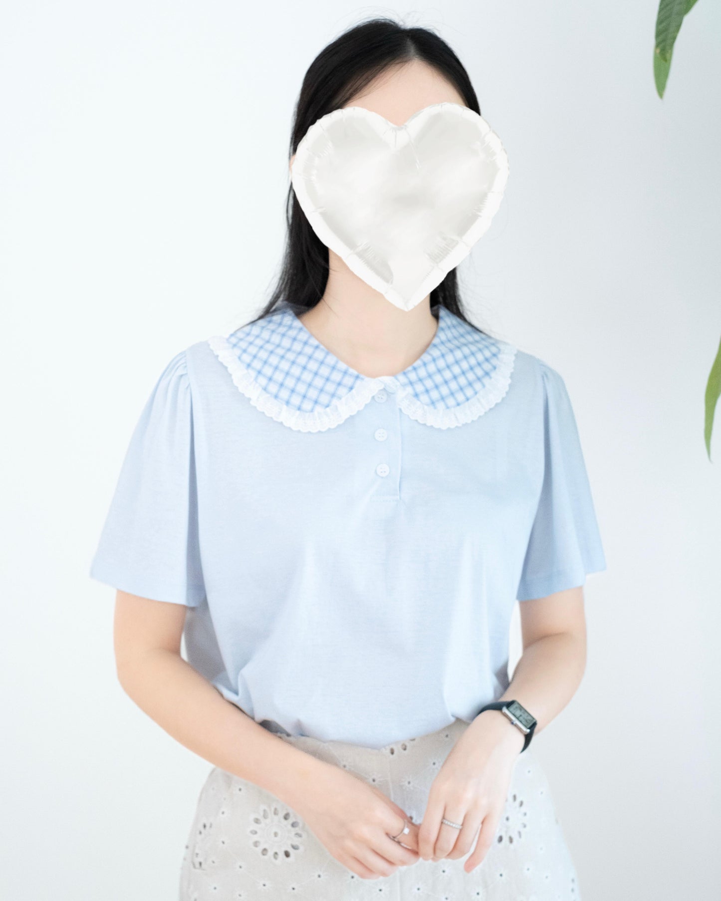 格仔娃娃領拼接Tee