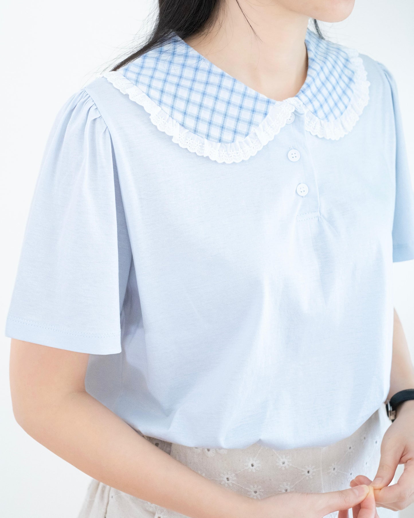 格仔娃娃領拼接Tee