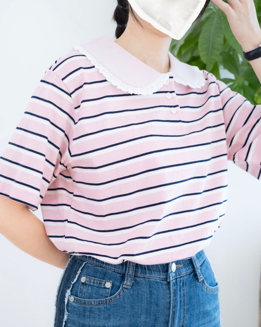 韓國條子翻領花邊Top